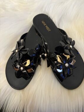 Nine West Black Patent Floral Slide Sandals with Gold Accents